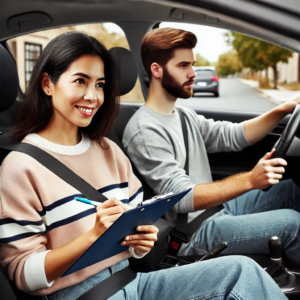 adult in car with woman instructor